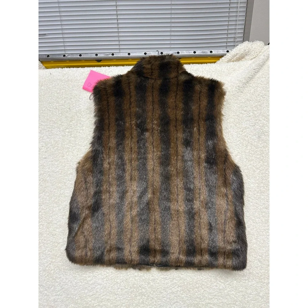 Womens Faux Fur Vest Brown Black Striped Zip Front Stand Collar Plush Lined